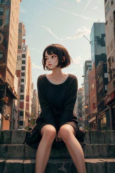 00093-215501510-masterpiece,best quality,1girl,face,short hair,city,sitting,looking away,from below.png